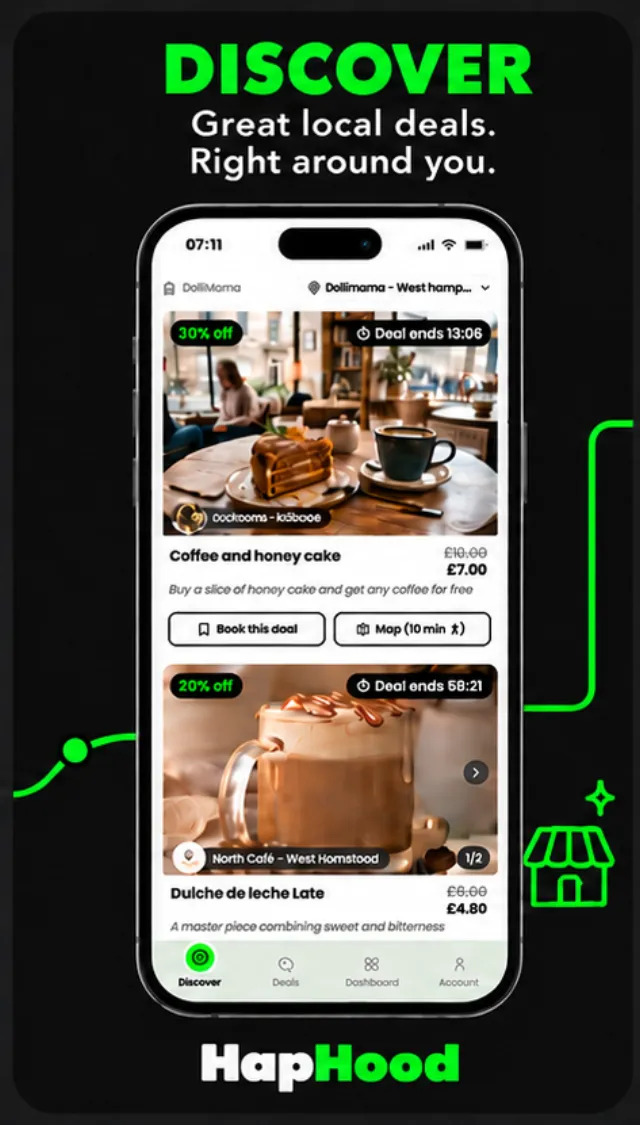 The HapHood app showing nearby deals with a discount badge and a countdown to when the deal ends